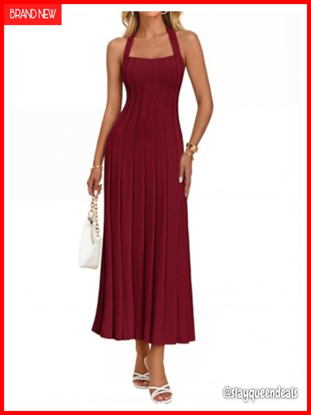 Halter Ribbed Bodycon Midi Sweater Dress Backless Tie Neck Formal